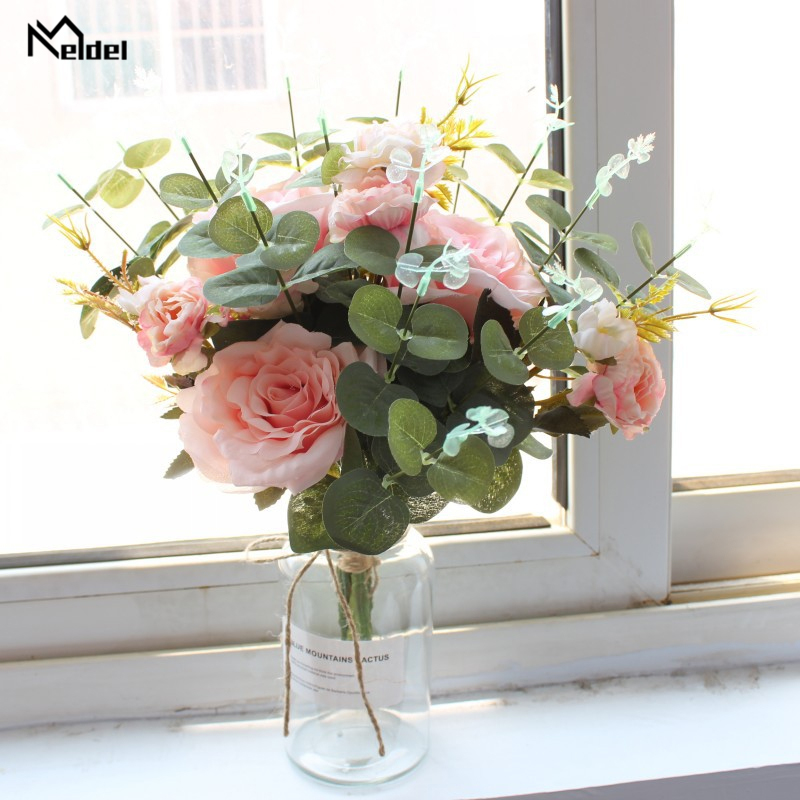 Meldel 6 Hoofd Zijde Rose Pioenbloem Wedding Bouquet Home Decoratie Kunstmatige Eucylaptus Zijden Bloemen Luxe Home Decor Flores