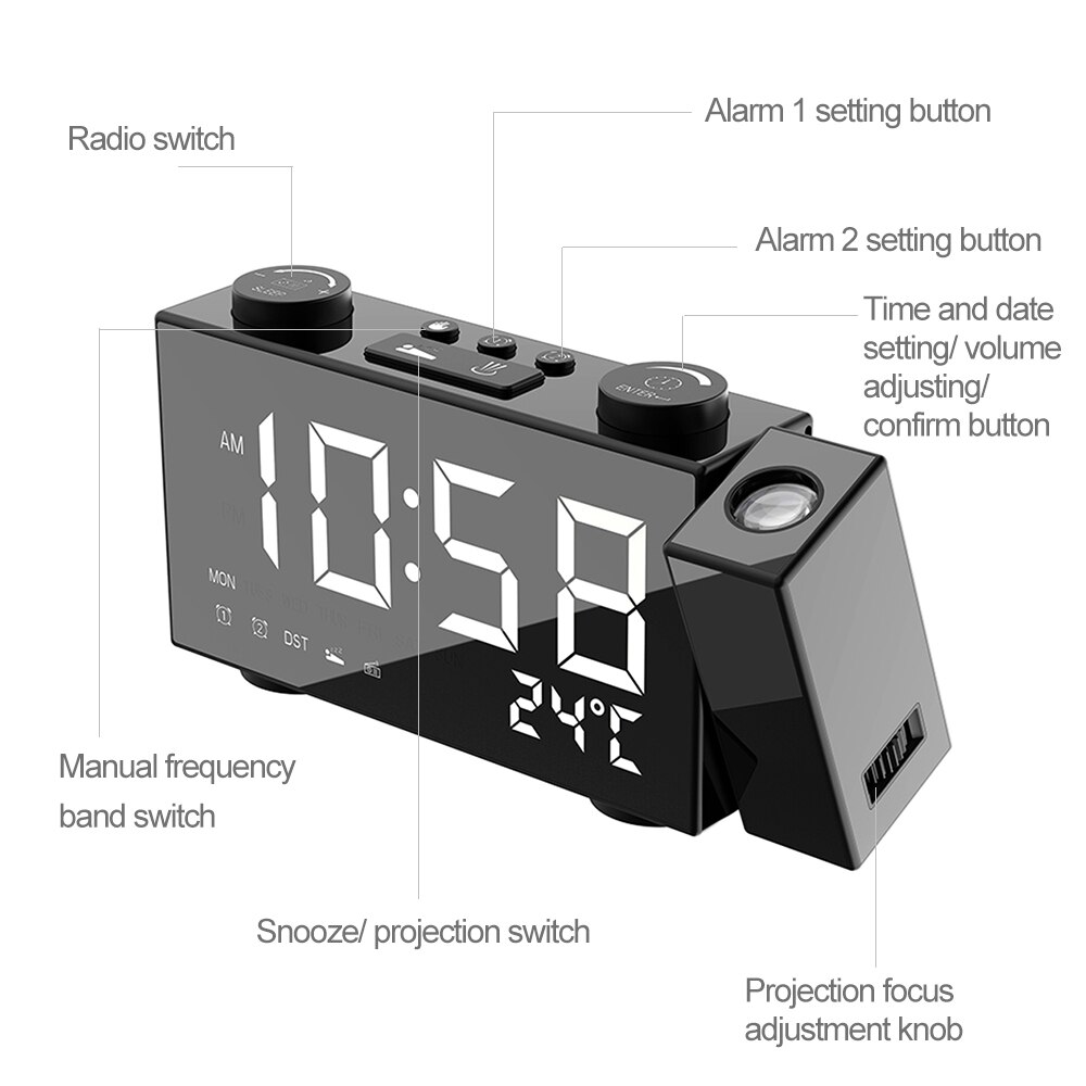 Digitale Wekker Dual Wekker Met Snooze-functie Led Projector Klok Met Fm Projectie Radio Usbb/Batterij Aangedreven