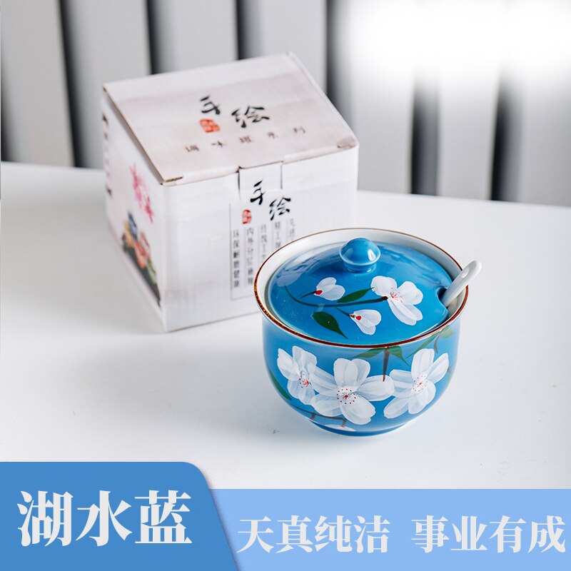 Tanque de condimentos de cerámica con forma de gato de dibujos animados japoneses, cuchara de cerámica, salero, tarro de especias, accesorios de cocina, caja: Blue Flowers