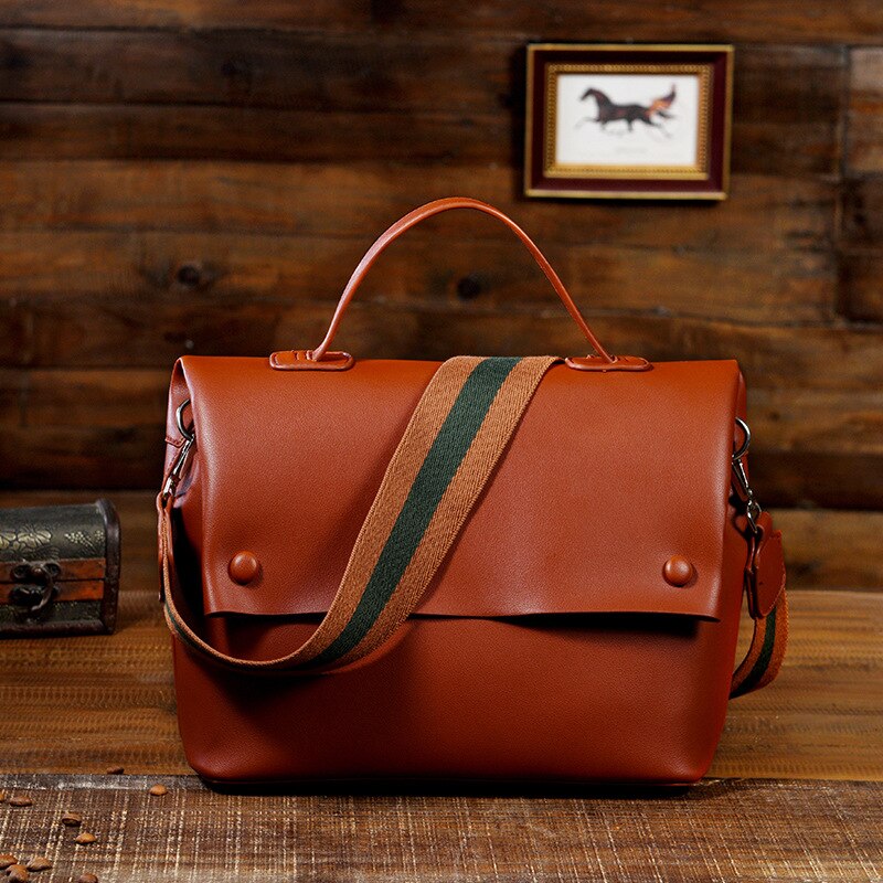 Casual Large Capacity Buckets Bag Cover Shoulder Bag Luxury Matte Pu Handbags Wide Striped Strap Crossbody Bag Purses: red brown