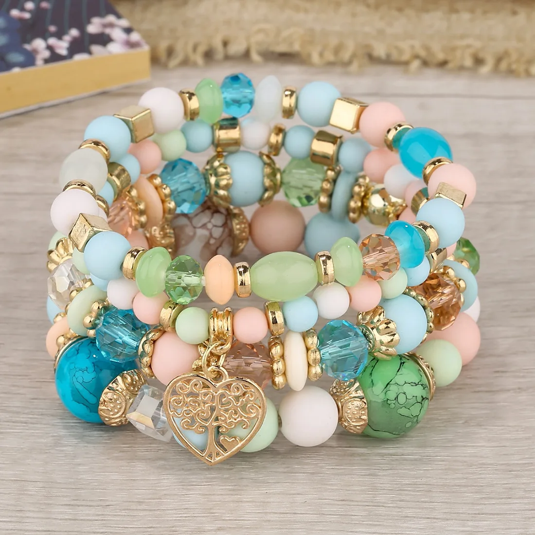 Conjunto de pulsera de cadena de cuentas acrílicas para mujer, brazalete elástico con dije de árbol de la vida, accesorios de joyería bohemia, 4 Uds.: Oro oscuro
