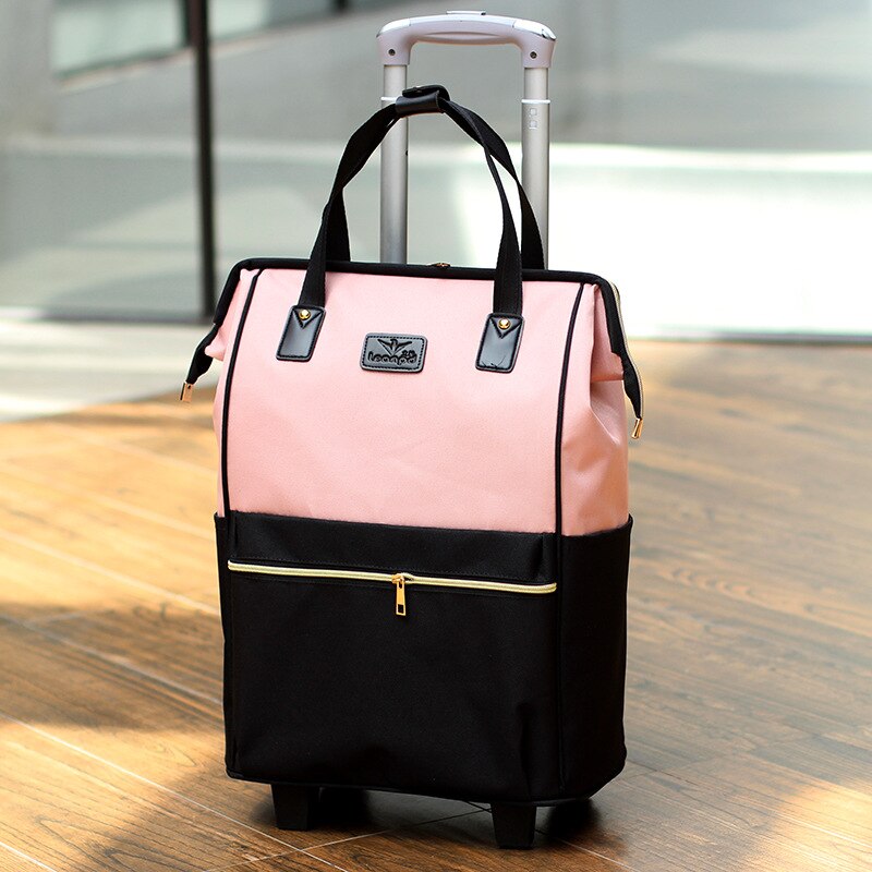 Women Large Capacity Travel Shoulder Tote Bag Spinner Multifunction Rolling Luggage Soft Oxford Lightweight Trolley Bag XA588F: Pink