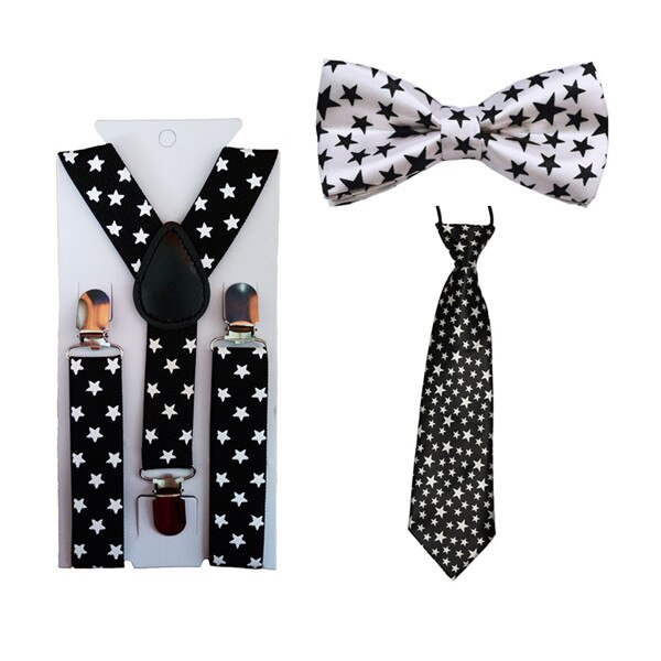 3PCS boys girls Children Kids suspensorio butterfly BowTie Bowknot Tie Necktie suspenders Set For Wedding Party Speech TR0004: Black and White Sta