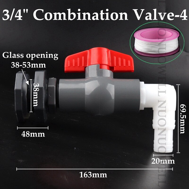 1Set 1/2"1" Combination Valve Aquarium Pagoda Connector Fish Tank Drain Joint Aquarium Hose Drainage Accessories Valve Assembly: 3l4in valve 4