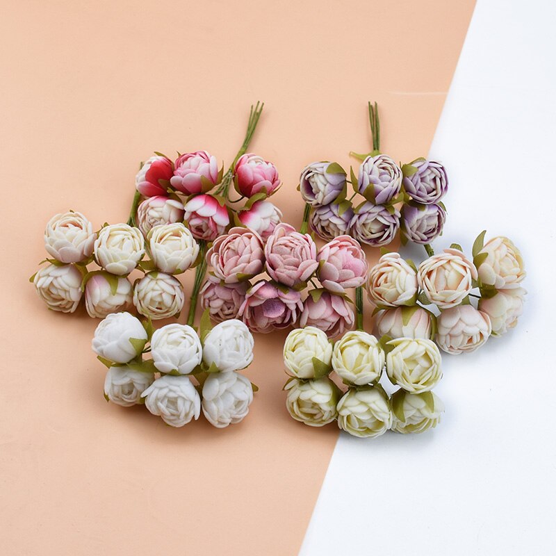 6 stk silke te knopper roser vaser til hjemmeinnredning julekrans gjør-det-selv-boks bryllup dekorative blomster kunstige blomster billig