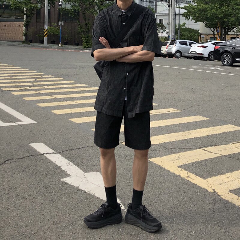 Mænd 2 stk sæt (skjorte+shorts) sort denim kortærmet afslappet skjorte shorts mandlige japan korea streetwear hip hop skjorte