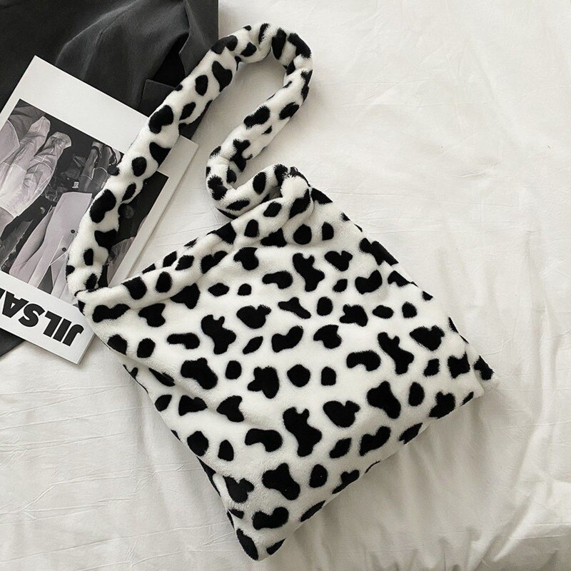Bolsos grandes peludos de invierno para mujer, bandolera de hombro con patrón de vaca a la , de felpa suave, de viaje, informal