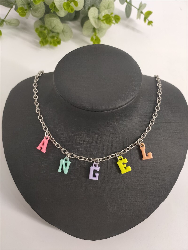 Women ANGEL Letter Charm Choker Necklace Boho Colourful Chain Collares Clavicle Chain Alphabet Pendants Collares Jewelry: ANGEL