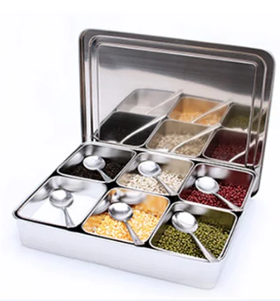 Japan Style Kitchen food Storage container Compartments Stainless Steel Seasoning box Containers with Lid Rectangle chef tools: plum