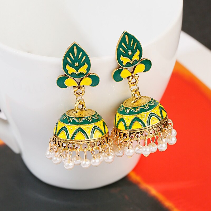 Tophanqi Bollywood Oxidized Big Bell Dangle Earrings For Women Green Leaf Carved White Beads Tassel Indian Jewelry Earring