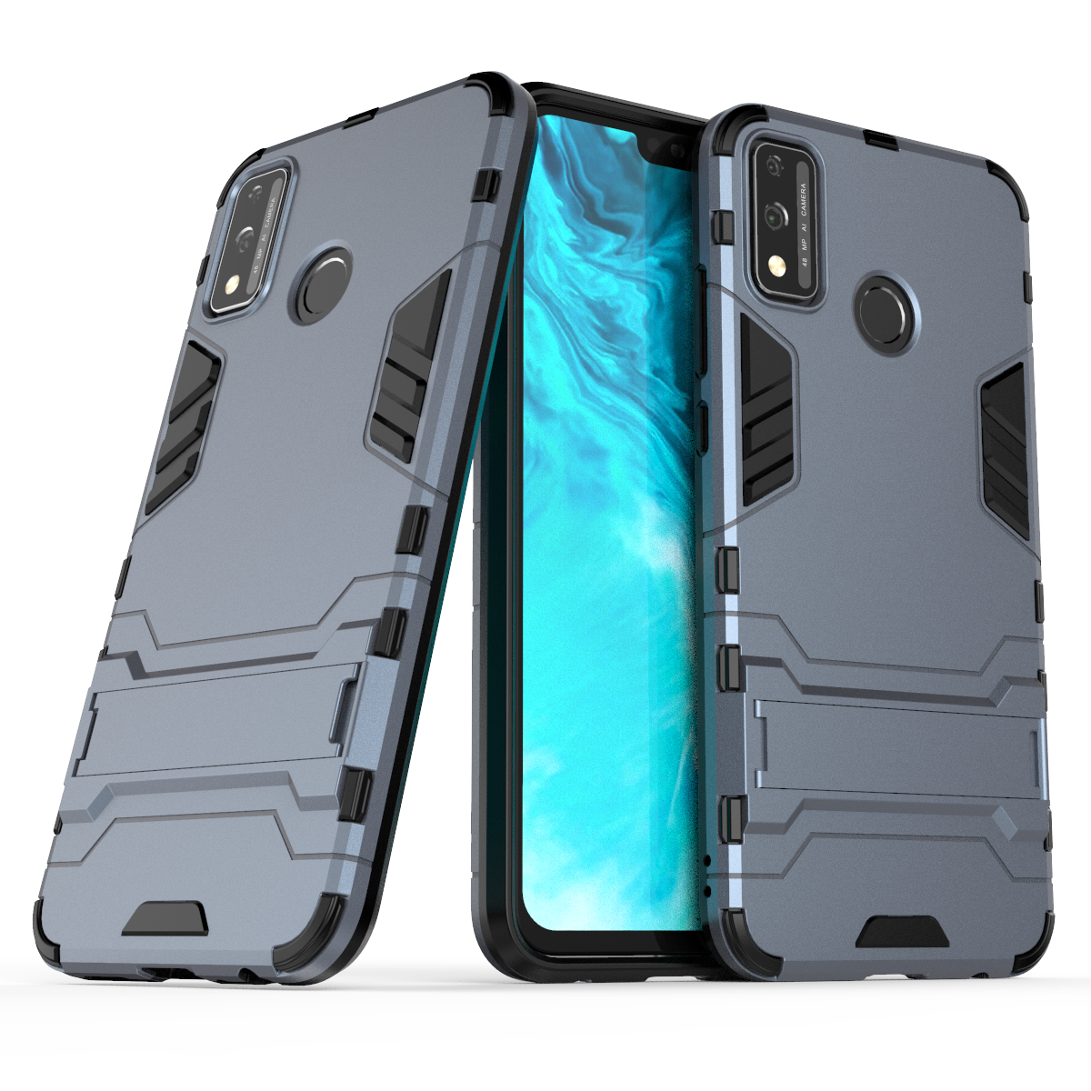 Hybrid armor -kotelo honor 9 9x 9i 9a lite 8s 8c max 7x 6x prolle ja telineellä, suojakuori honor play 4t note 10 x10 max 5g:lle: Vinyyli- / Sininen