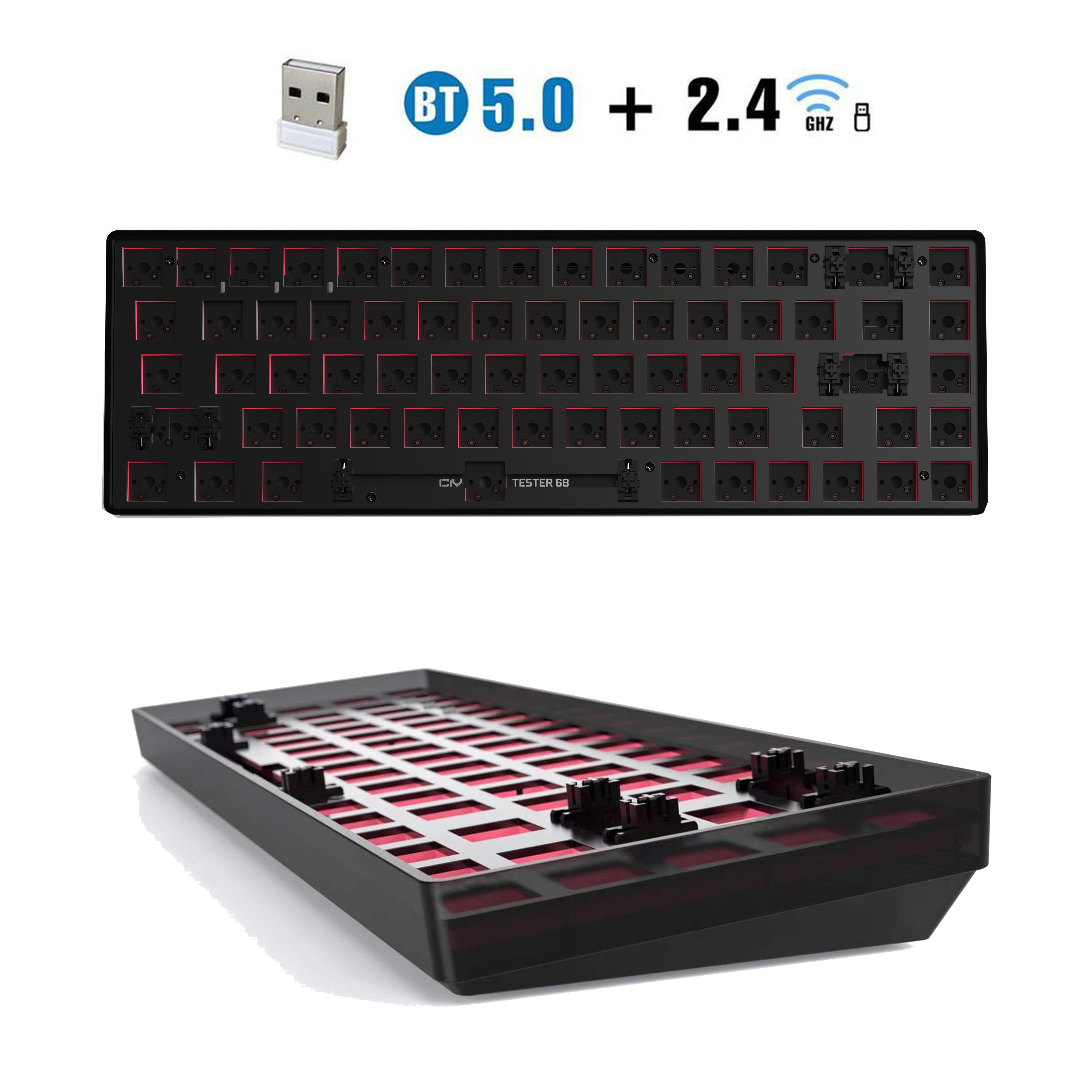 TESTER68 – Kit de clavier mécanique sans fil, Bluetooth 2.4G, 2 modes de jeu, 60%, pour interrupteur 3 broches/5 broches