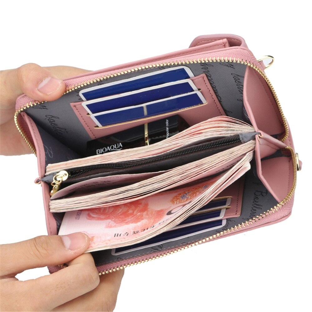 Women Purses Solid Color Leather Shoulder Strap Bag Mobile Phone Big Card Holders Wallet Handbag Pockets for Girls