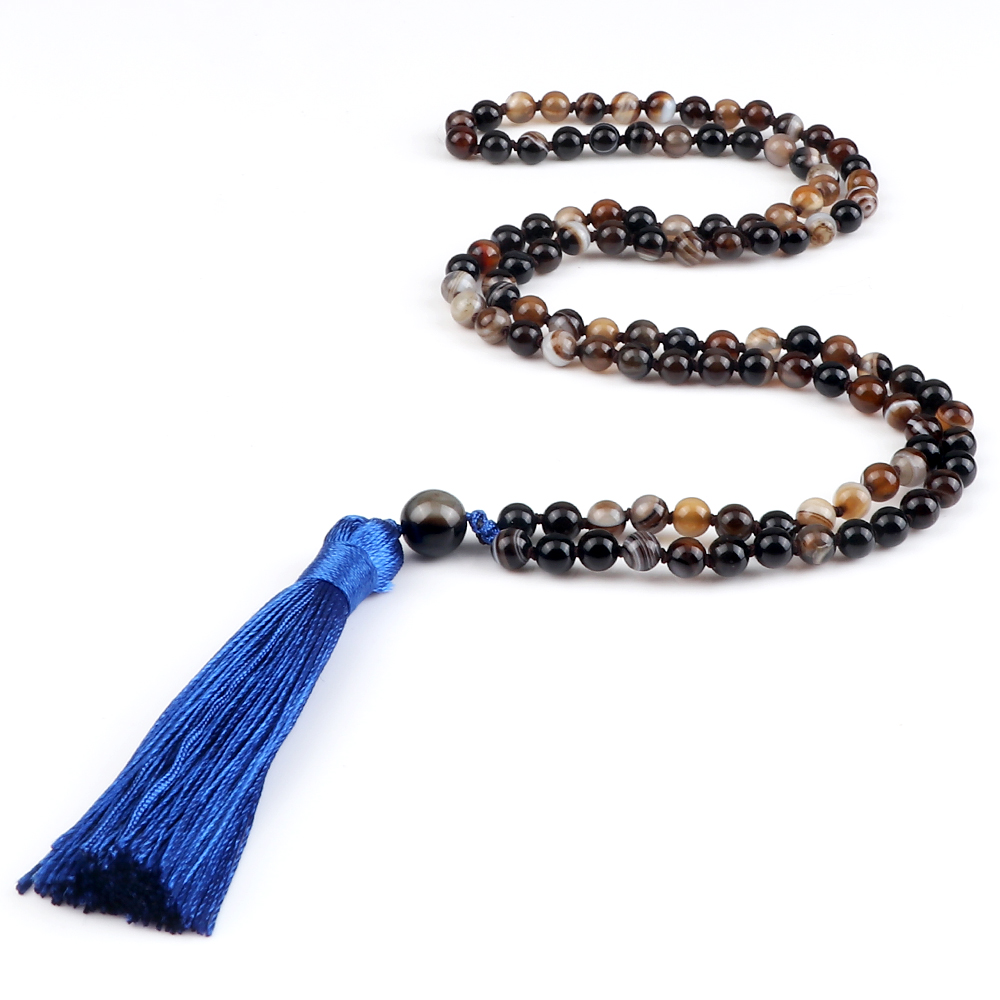 108 Beads Prayer Necklace Natural Green Stripe Onyx Stone Buddhist Buddha Meditation Bead Mala Necklace Women Men Jewelry: Pink