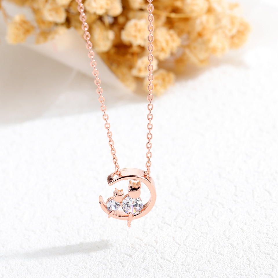 Moon Cat Pendant Necklace Rose Gold Color Titanium Stainless Steel Material Necklaces Women Trendy Jewelry