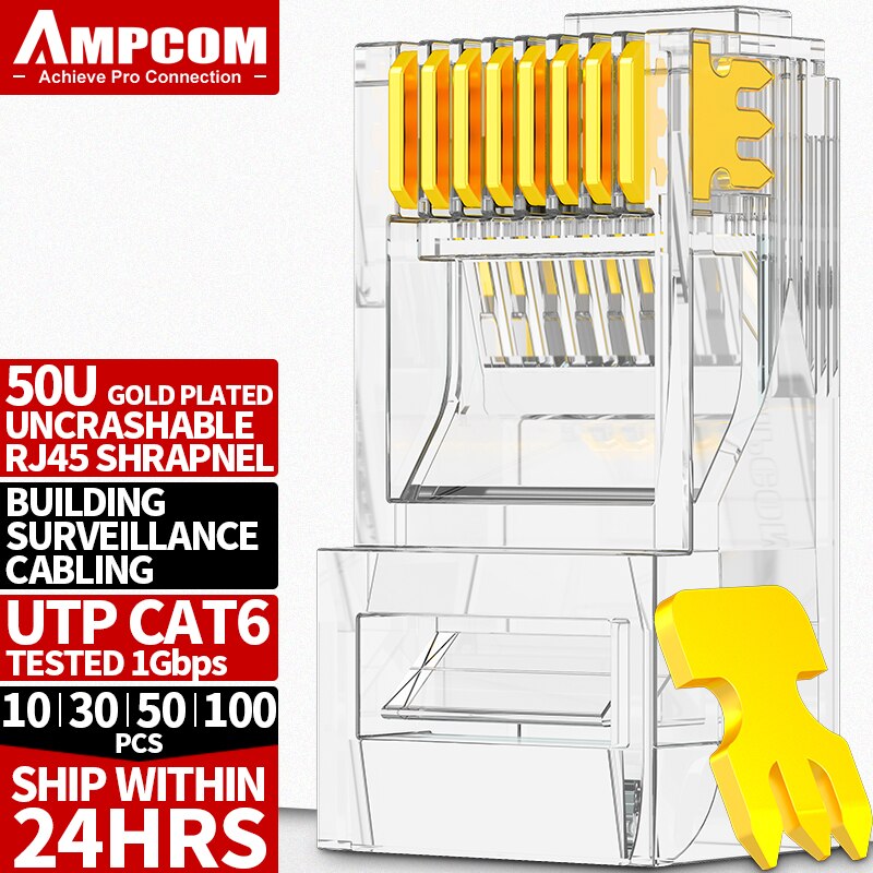 Ampcom-conector de tomada modular cat5e cat/cat6 utp 50u, conector ethernet 8p8c para crimpagem: CAT6 50U / 30pcs