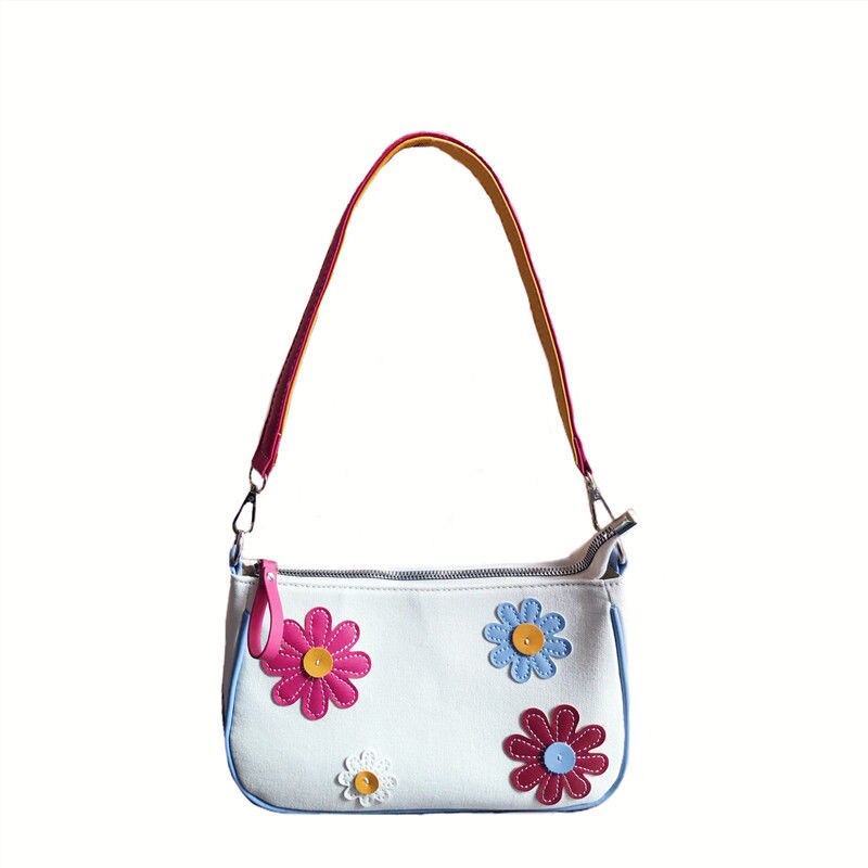 Vintage-damen-armtasche mit blumenmuster und kontrastfarbener handtasche, süße kleine schultertasche
