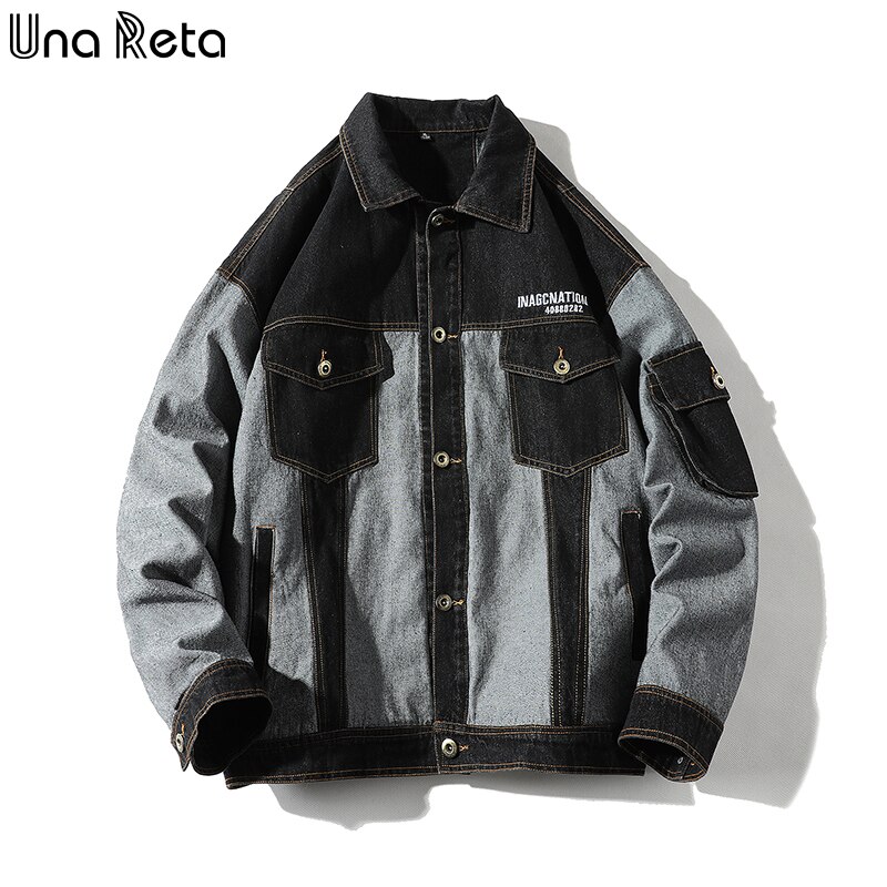 Una Reta Jean Jacket Hip-Hop Men Clothing Streetwear Men's Jackets Plus Size Loose Denim Patchwork Jeans Jacket Men: Black / XL