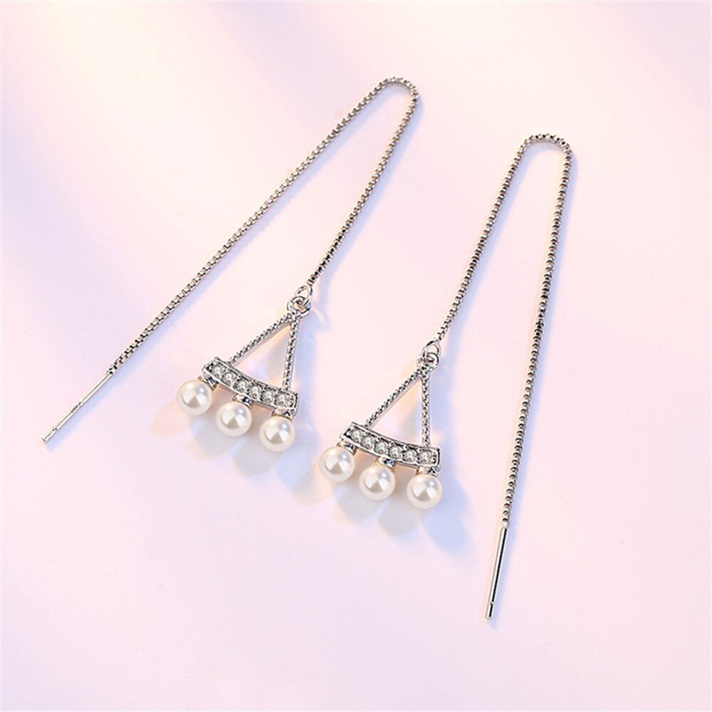 925 Sterling Silver Jewelry Woman Retro Dinette Ear Line Long Luxury Pearl Earrings Simple Girl Cute Brand
