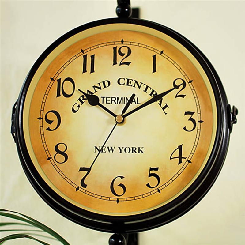 Reloj de pared lateral doble, de hierro, silencioso, Vintage, Estación Central, arte del reloj de pared, decorativo, de doble cara