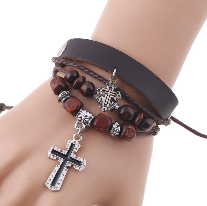 NADEEM Cross Charm Brown Leather Bracelet Men Male Vintage Punk Cross Charm Cuff Bracelet Bangle Jewelry Pulse: B01353coffee