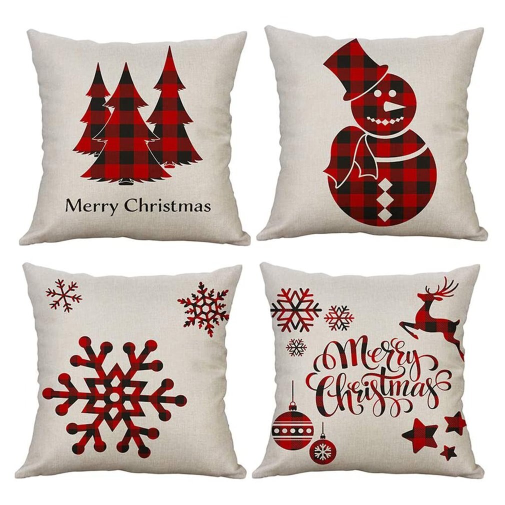 Kerst Kussenhoezen Set Van 4 Katoen Linnen Afdrukken Kussenhoezen Decoratieve Kussenhoes Voor Sofa Kantoor 45X45 cm: 9