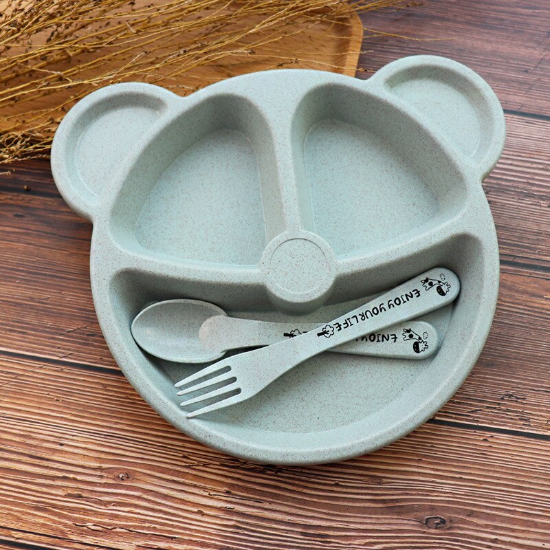 Baby Wheat Straw bowl+spoon+fork Feeding Food Tableware Cartoon Bear Kids Dishes Eating Dinnerware Set Anti Training Plate: Blue Set
