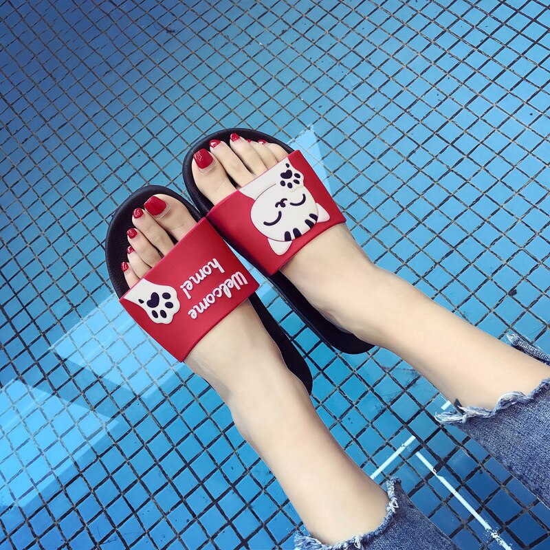 Sommer tøfler kvinner sko utendørs sklisikre åpen tå flip flops strand lysbilder sandaler tegneserie hjemme tøfler søt katt kvinne
