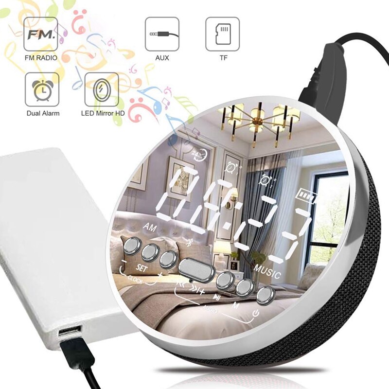Vekkerklokke, digital vekkerklokkeradio med fm-radio, led dobbel vekkerklokke for soverom og bluetooth-høyttaler, aux-in, batterirygg
