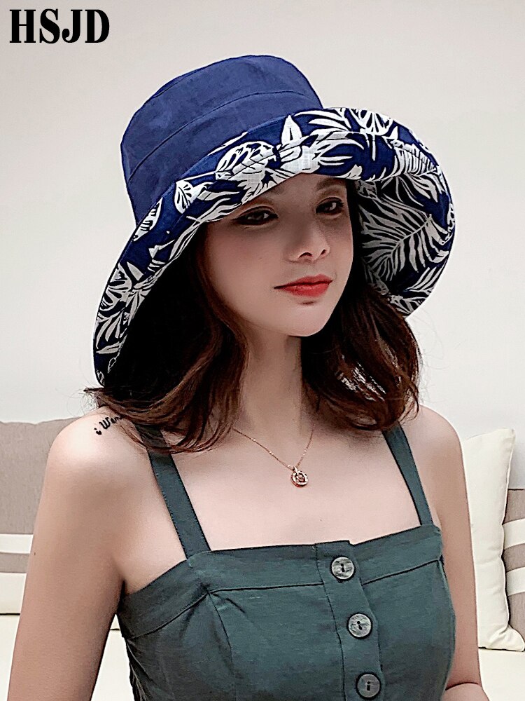 Summer Women Double-sided Flower Print Cotton Sun Hats Ladies Wide Brim Foldable Sun Bucket Hats Anti-UV Beach Hat Caps