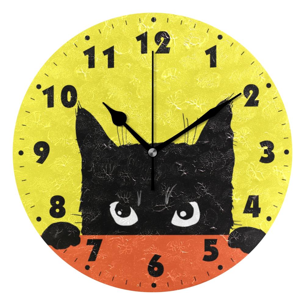 25cm Round Cat Face Hanging Wall Clock DIY Non Ticking Silent Wall Watch for Living Room Quiet Desk Clock Relogio De Parede: Item 1 Black Needle