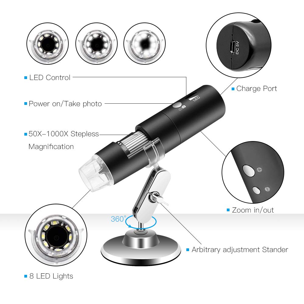 2MP 1000X WIFI Digital Mini Pocket Microscope Camera 8 LED Magnification Endoscope with Metal Stand Rechargeable