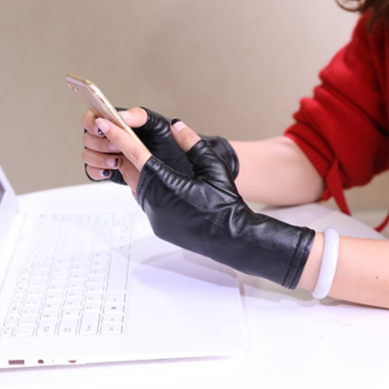 Female Short Thin Half Finger PU leather Non-slip Driving Gloves Sexy Lace Fingerless Punk Nightclub Show Gloves S89