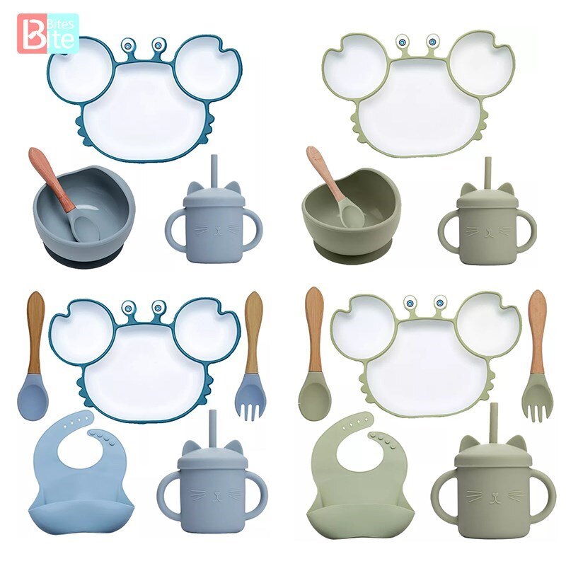 Silicone Feeding DishPlate Set for Baby Crab Shape Divider Tableware BPA Free Non-Slip Children Dishes Kitchenware Kids Stuff
