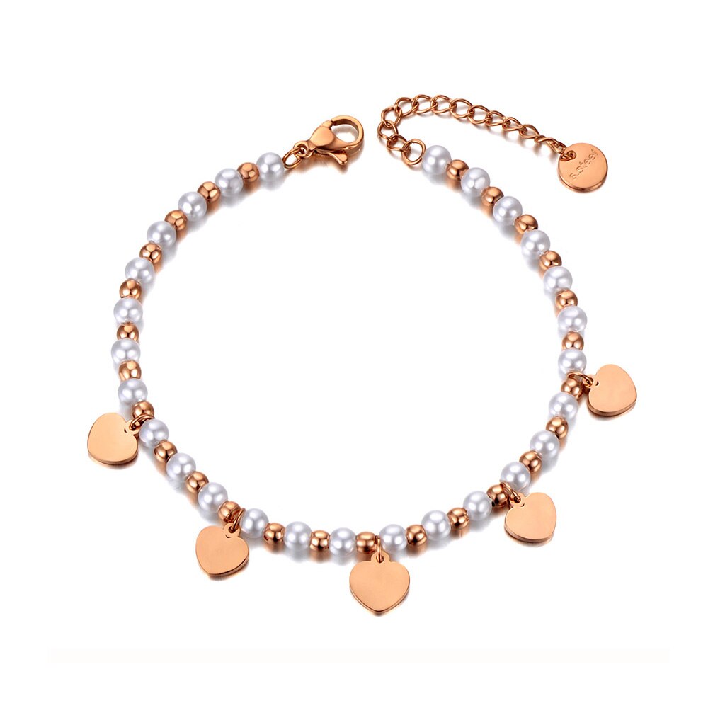 Lokaer Rvs Gesimuleerde Pearl Heart Charm Armbanden Voor Vrouwen Meisjes Bohemen Cz Crystal Chain & Link Armband B20092: Rose Goud Kleur