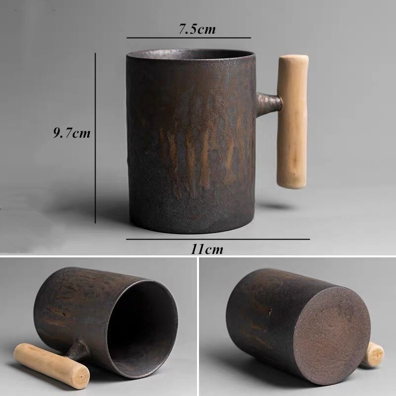 Japansk stil keramisk kontor te krus vintage vand kop retro kaffemælk med træhåndtag drinkware: 3b
