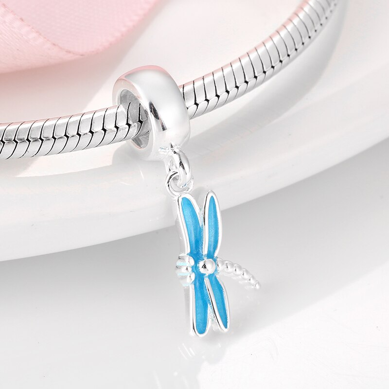 925 Sterling Silver Blue Enamel Dragonfly Charm Beads Fit Original Bracelet for Women DIY Jewelry Making