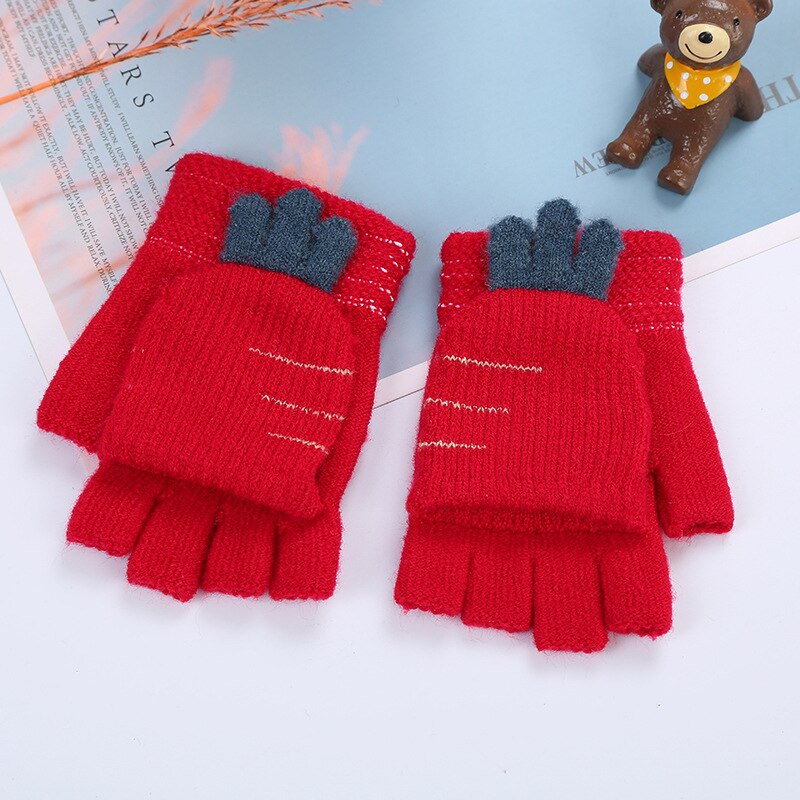 Winter children boys and girls wool gloves 1-5 years old children's knitted half-finger clamshell children's warm and cute 2ST5: red