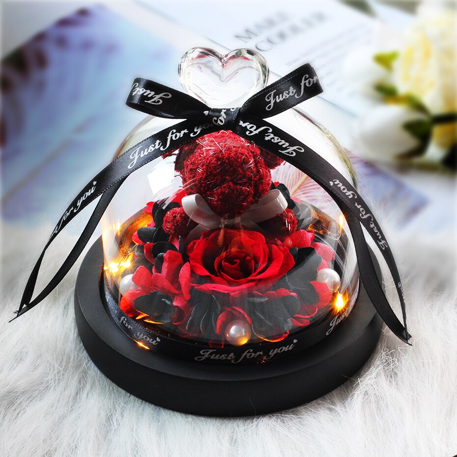 Getrocknete Blumen Ornamente Erhalten Rosen Bears in Glas Abdeckung mit Lichter Hochzeit Weihnachten Neue Jahr Wohnkultur für Mädchen: B27