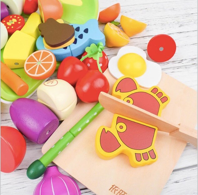 Wooden cutting fruit kitchen toy Food Toys Fruit Fish Vegetable Blocks Montessori preschool educational toy kids Birthday