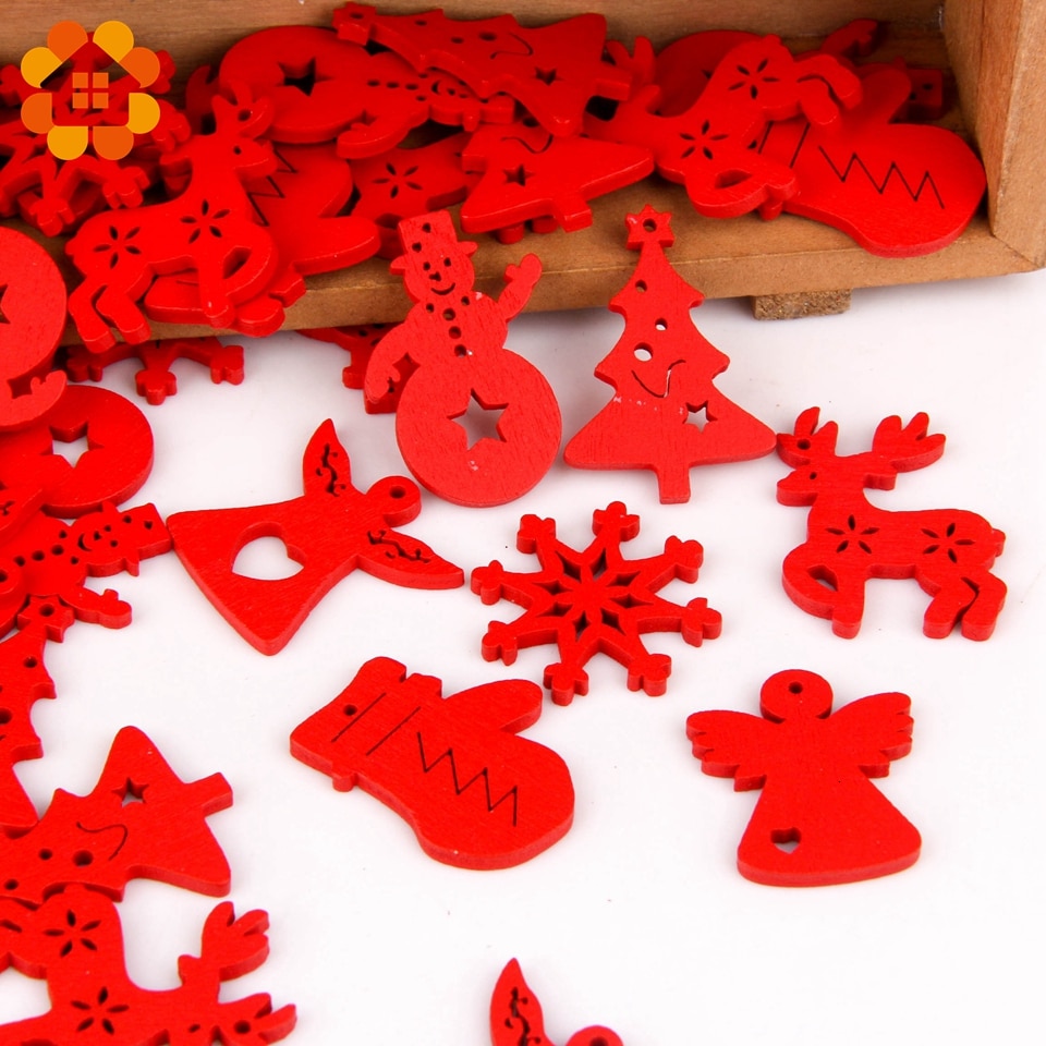 50 Teile/los Multi Bunte Weihnachten Serie Holz Chip Anhänger Weihnachten Baum Dekorationen Stern Herz Schneeflocke WEIHNACHTEN Ornamente Dekor