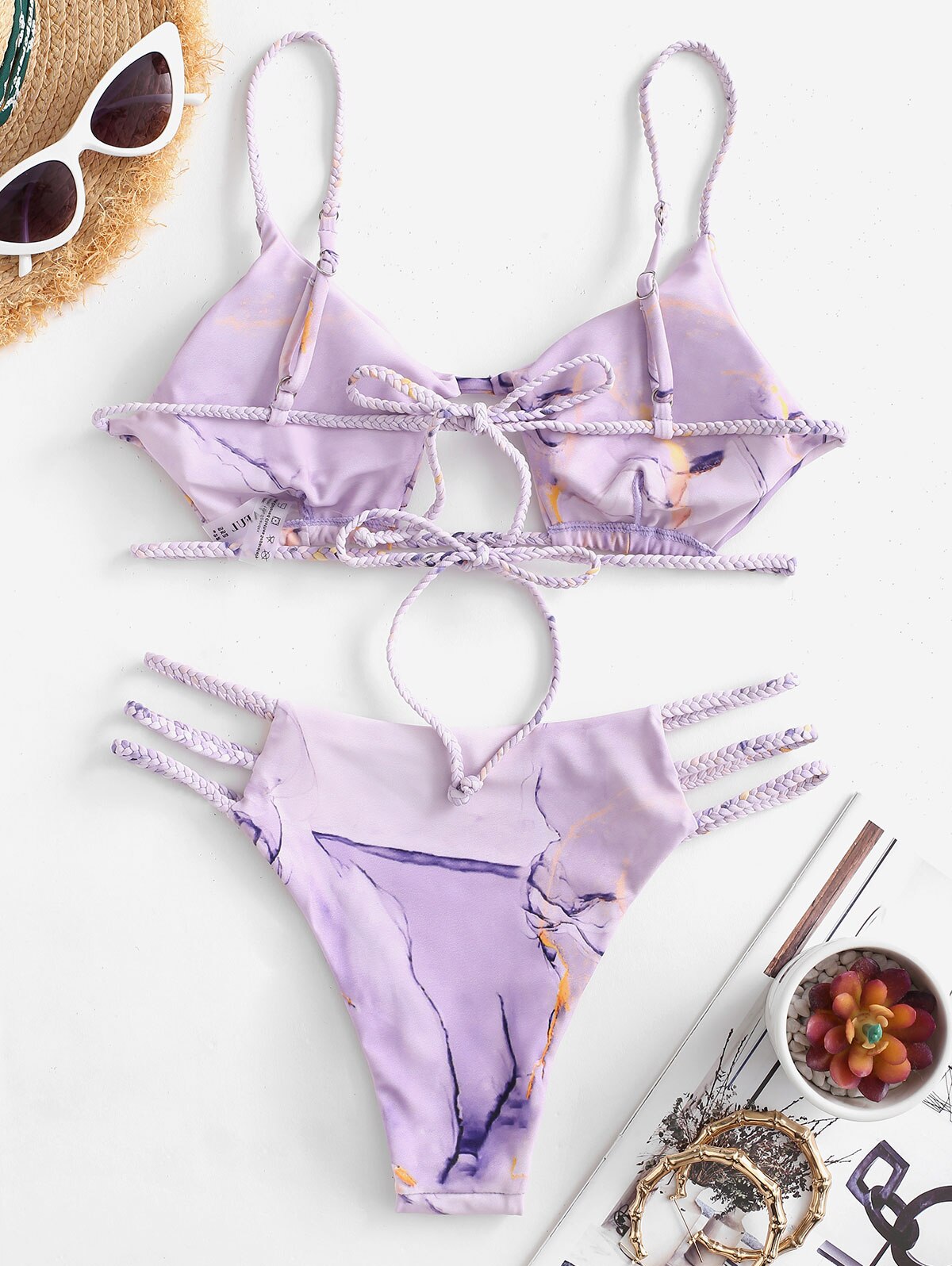 Saful – Bikini imprimé marbre, maillot de bain tressé, bretelles, découpe