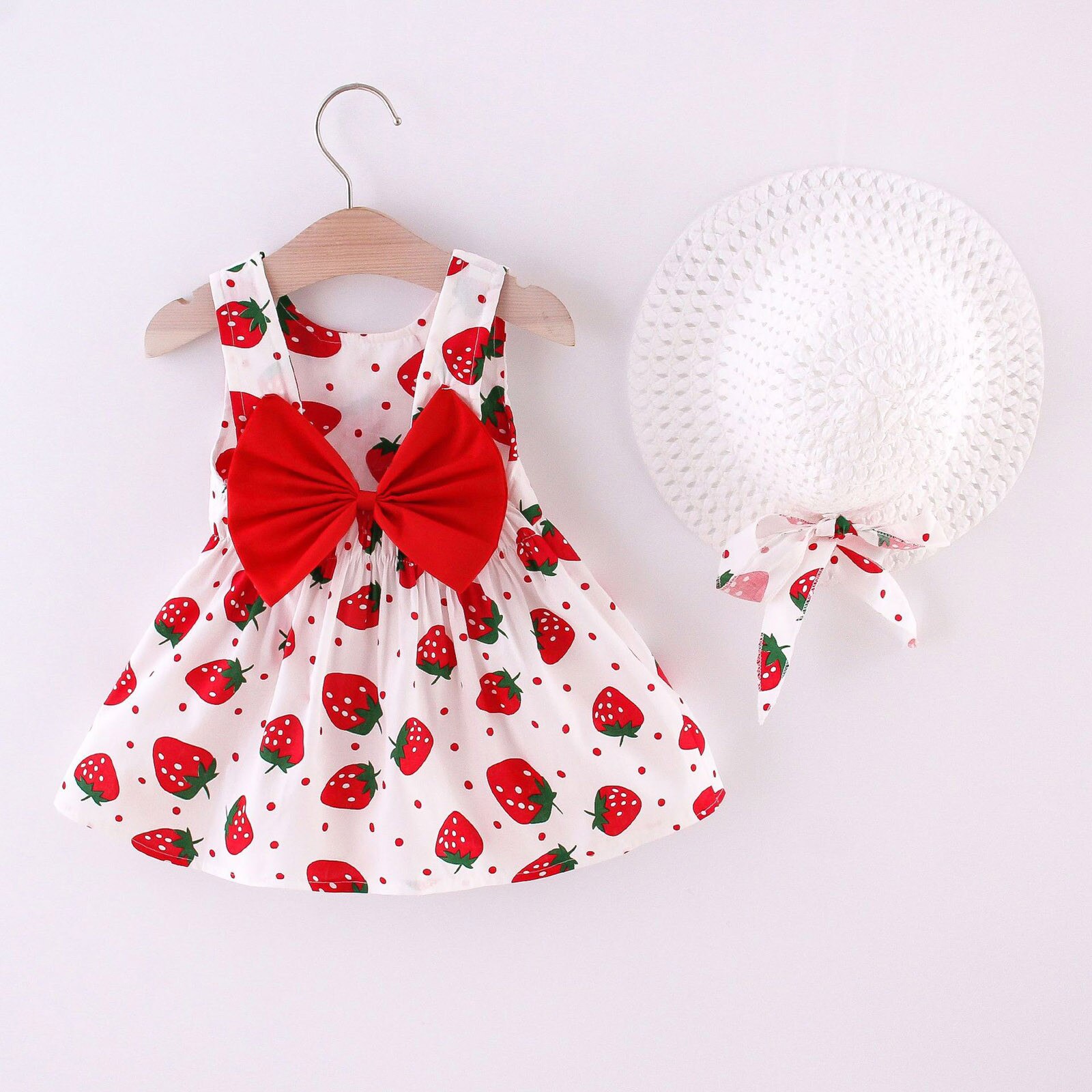 Robe d'été pour -né, vêtements pour filles, tenue de fête, sans manches, motif fraise, avec nœud de plage, princesse, chapeau