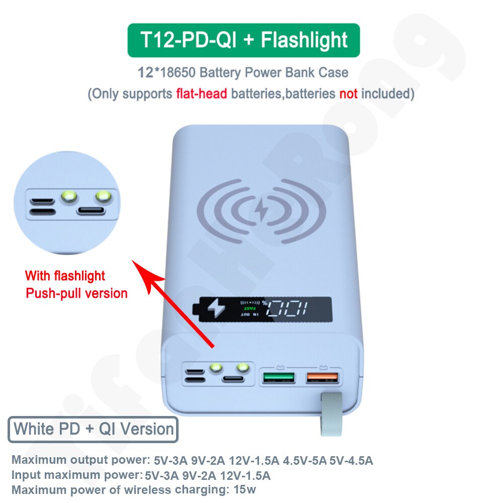 12 x 18650 Flashlight Battery Charger Box Power Bank Holder DIY Shell Case Dual USB 18650 Battery Shell Storage Organize: Quick Wireless White