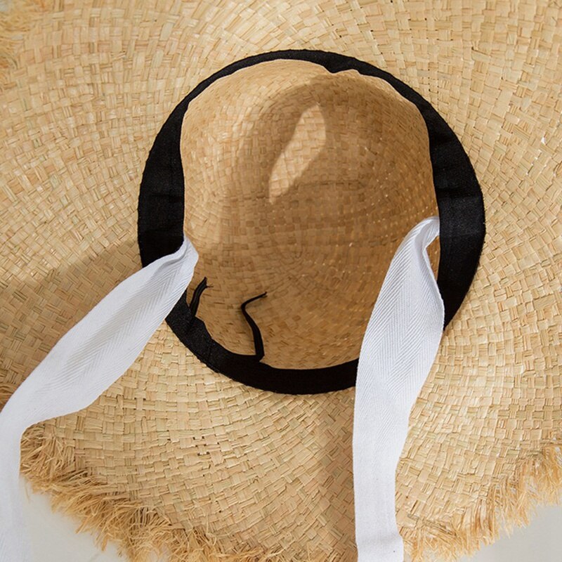 Håndvevd stråhatt til dame bredbremmet solhatt dame strandhatt hatt blonder streamer sunsn (hvit)