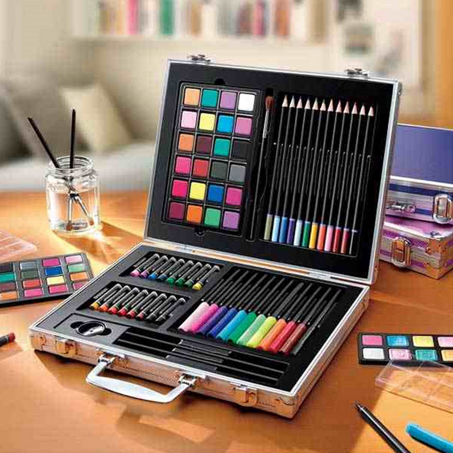 Portable Kids Art Supplies Set Drawing Painting Pencil Pen Kit with Aluminium Storage Box for Children Painting Creation