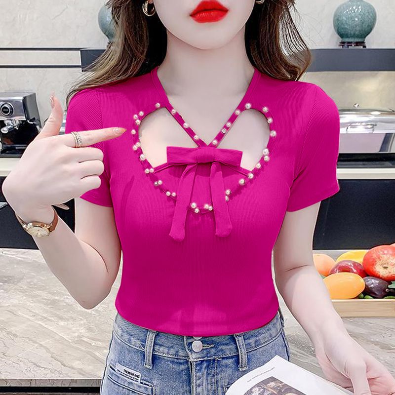 Short Sleeve Women's Summer Beautiful Bow T-shirt Beaded Sense Niche Unique Chic Top: M / Rose Red