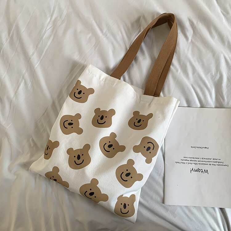 Neue Stil Leinwand Weibliche Schulter Taschen niedlich Karikatur Bär Schüler Mädchen Buch Handtaschen Wiederverwendbare Baumwolle Frauen Große Einkaufstaschen