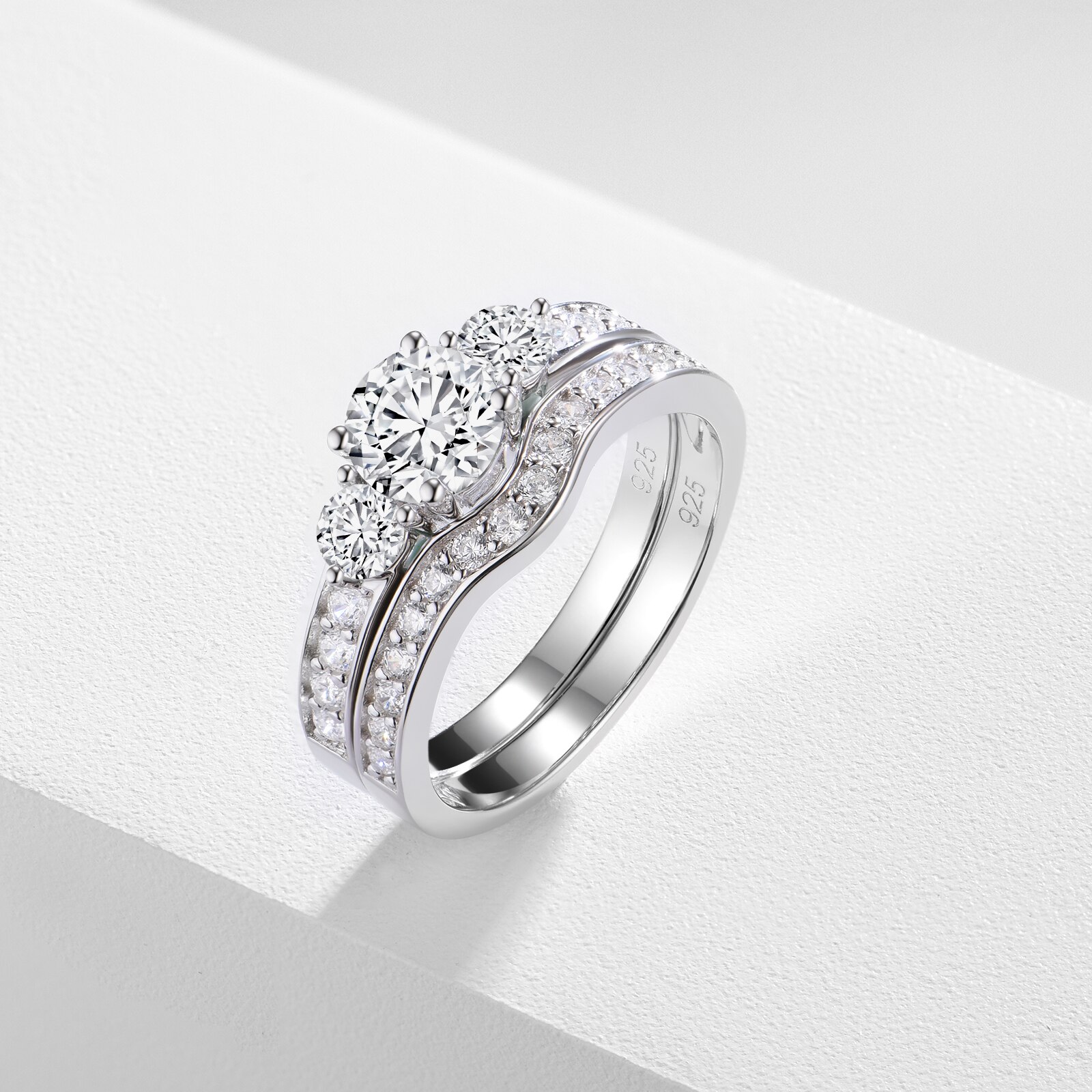 Newshe-Conjunto de 2 anillos de boda de plata 925 sólida para mujer, anillo de compromiso de 3 piedras, joyería clásica nupcial, BR1099
