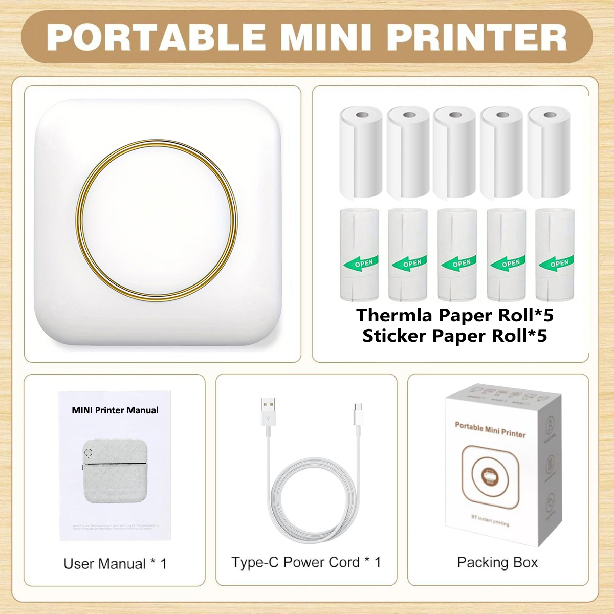 Portable Mini Photo Printer for iPhone/Android - Compact Thermal Printing Device with 1200mAh Battery, Monochrome Prints: black